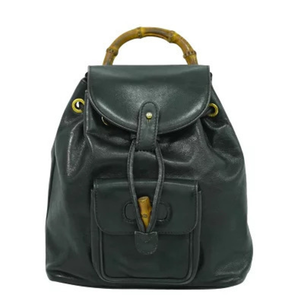 Gucci Bamboo Drawstring Backpack Rucksack Leather Black